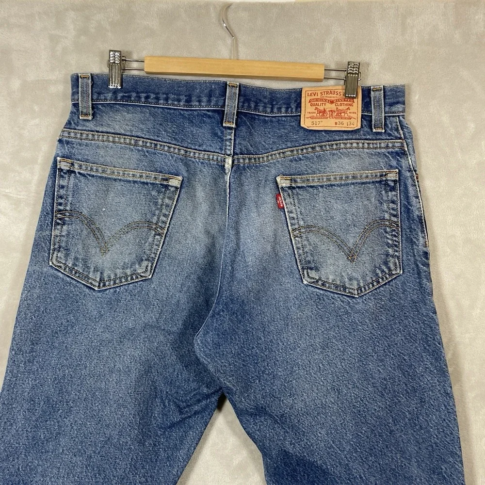 Vtg Y2K Levis 517 Jeans Mens 36x34 Whisker Fade Distressed Mid Wash Bootcut